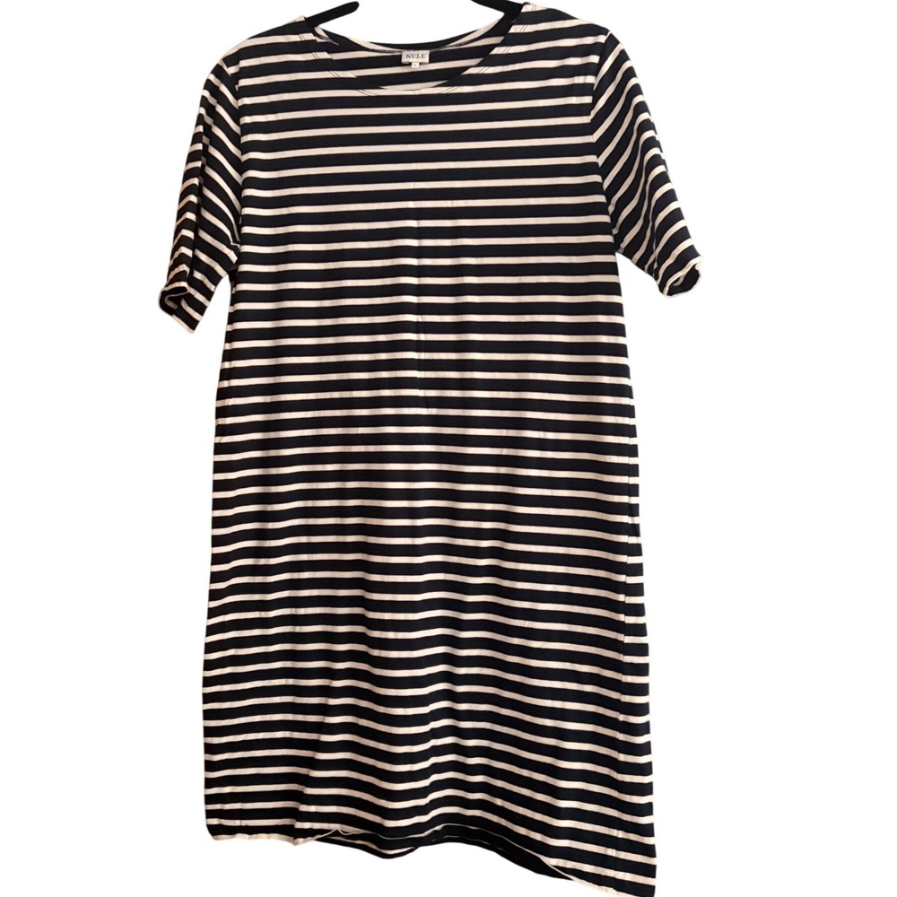 Kule Striped Shirt Dress Navy Cream Cotton Jersey Short Sleeve Size L